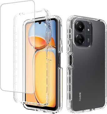 Case for Redmi 13C 4G/5G/for Poco C65/for Poco M6 5G/for Redmi 13R 5G Case with Tempered Glass Screen Protector, Soft 360 Full Body Shockproof Crystal Clear Cover for Xiaomi Redmi 13C Clear
