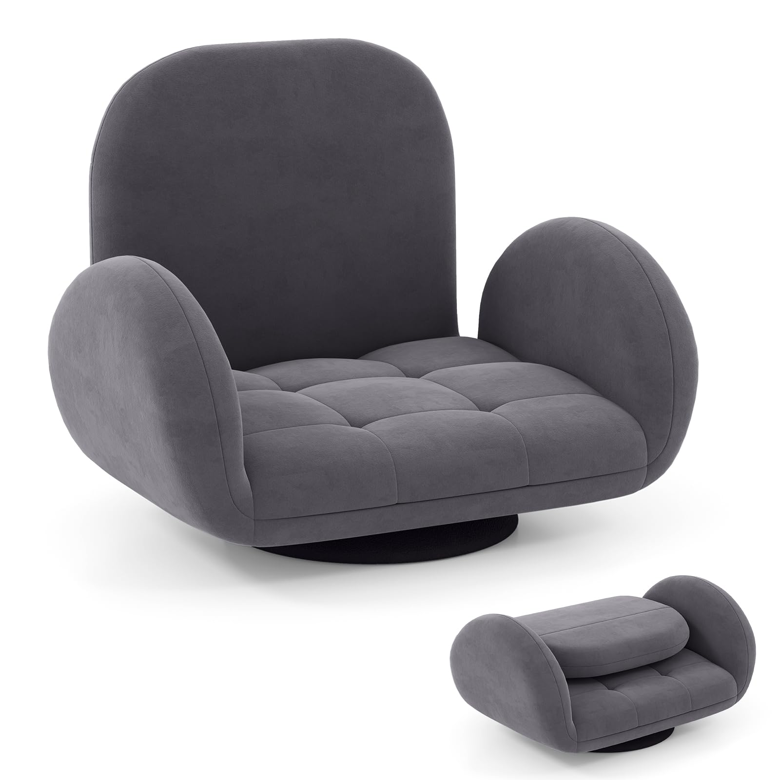 GOPLUS Chaise de Sol Pivotant, Chaise de Jeu Pliable avec Dossier Ajustable à 3 Positions et Accoudoirs Réglables à 5 Positions, Fauteuil pour Télévision, Lecture et Jeux, Gris