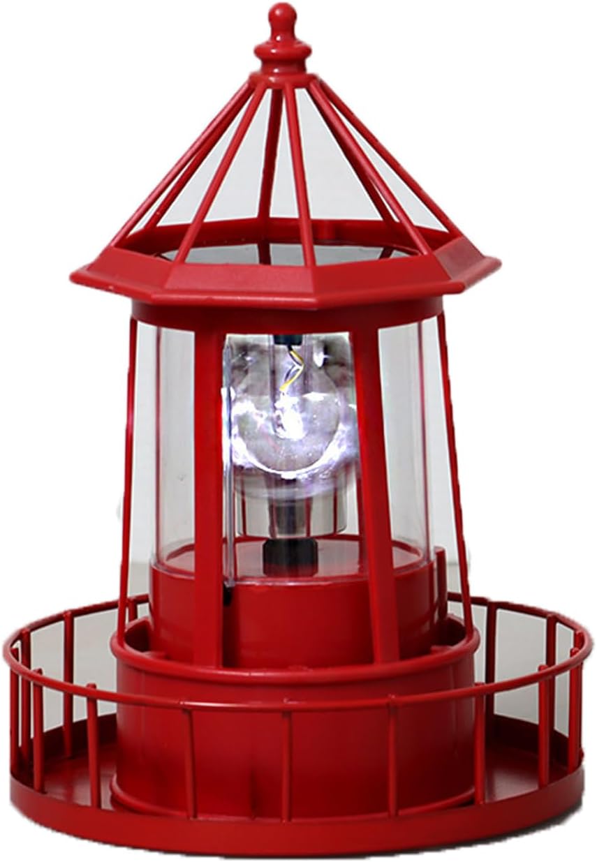 LED Solar Powered Lighthouse, 360 Degree Rotating Lighthouse Lamp, IP66 Waterproof LED Solar Lights Towers Statue for Outdoor Garden Pathway Patio(Red)