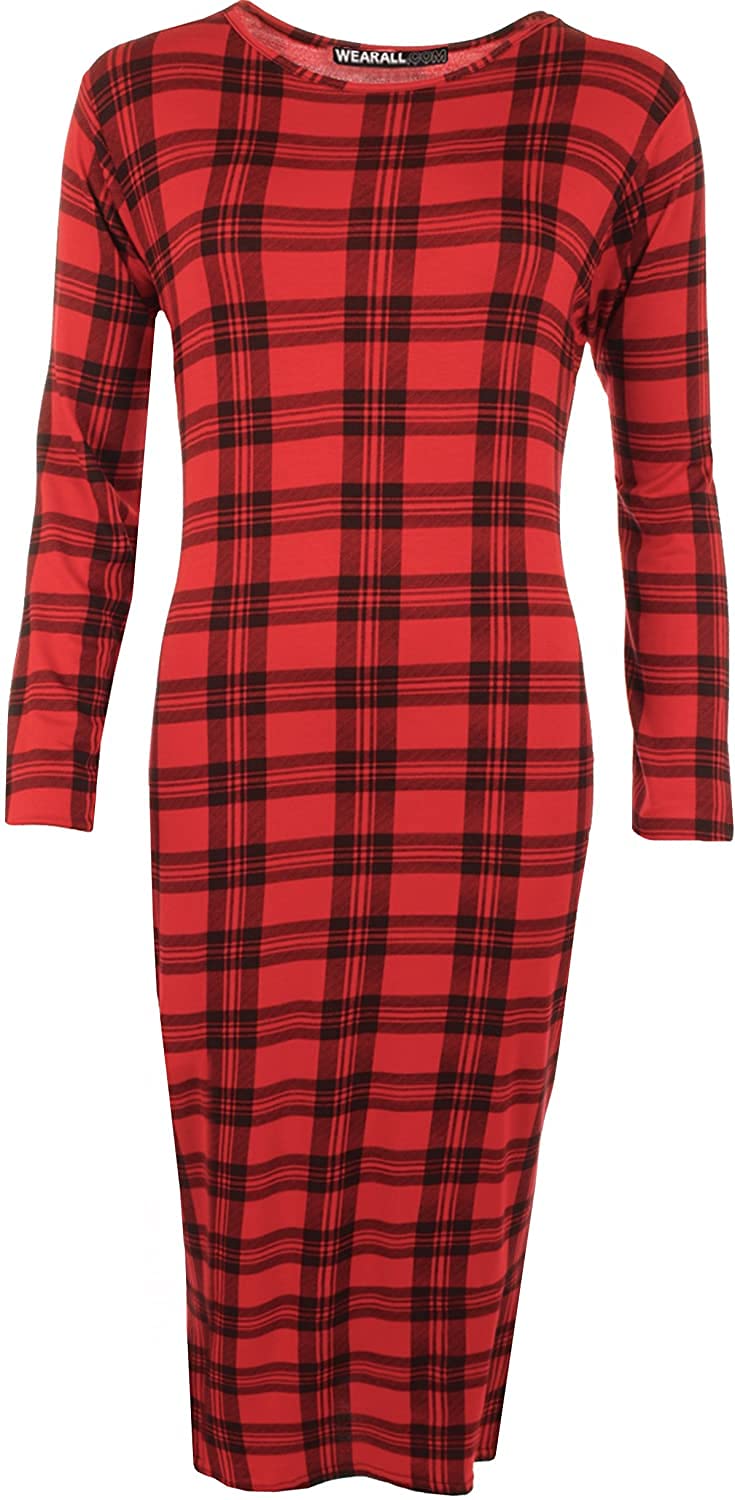 Wearall Women's #Tartan Red Bodycon Stretch Plain Long Sleeve Round Neck Midi Dress - Tartan Red 12-14