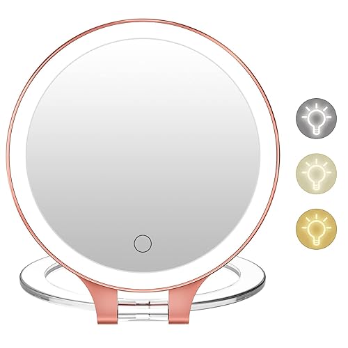 FASCINATE Espejo de aumento de 10 x 1 x doble cara de aumento de maquillaje, espejo iluminado recargable con 3 ajustes de color, rotación ajustable,