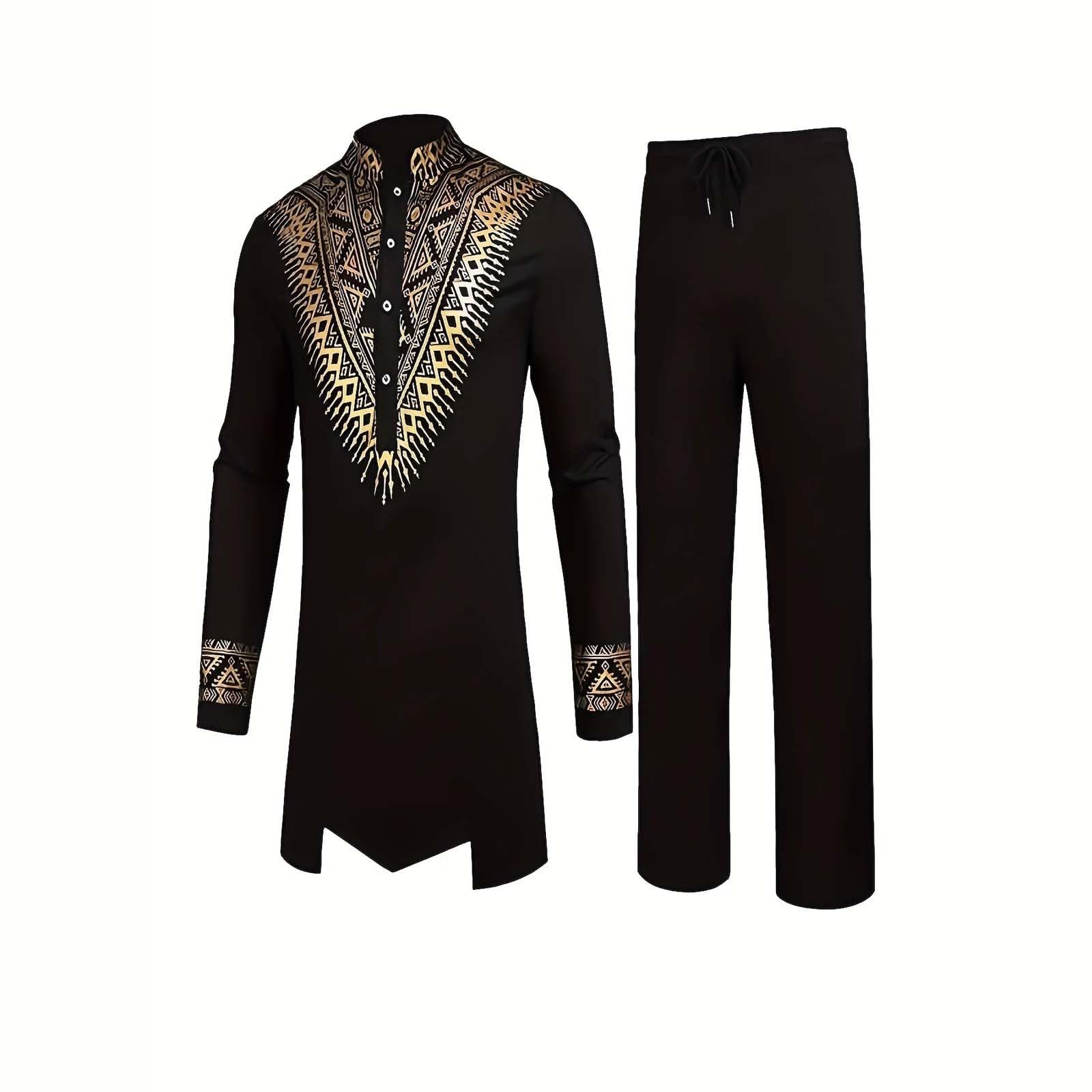 Abito Da Uomo Africano A Maniche Lunghe Dashiki Con Stampa E Pantaloni Dorati, Vestito Tradizionale 2 Pezzi Arabi Islamici Caftano Etnici Da Preghiera Morbido Da Sposa Confortevole