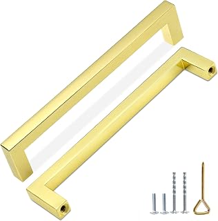 10 Pack Square Zinc Alloy Cabinet Handle Polished Brass Finish Cabinet Pull (Total Length 5.39") Hole Center Distance 5.04"(128mm) Hardware Handle for Drawer Kitchen Cabinet Bathroom Dresser Furniture