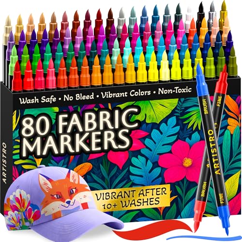 ARTISTRO 80 Fabric Markers for Clothes and Textiles Permanent No-Bleed Fabric Decorating Kit for T-Shirts Bags Canvas Shoes and Crafts