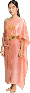 Siam Regal's Traditional Thai Lao Khmer Outfit 2 Piece Set Sash & Sarong Rose Thai Faux Silk Wedding Attire Women's Ladies