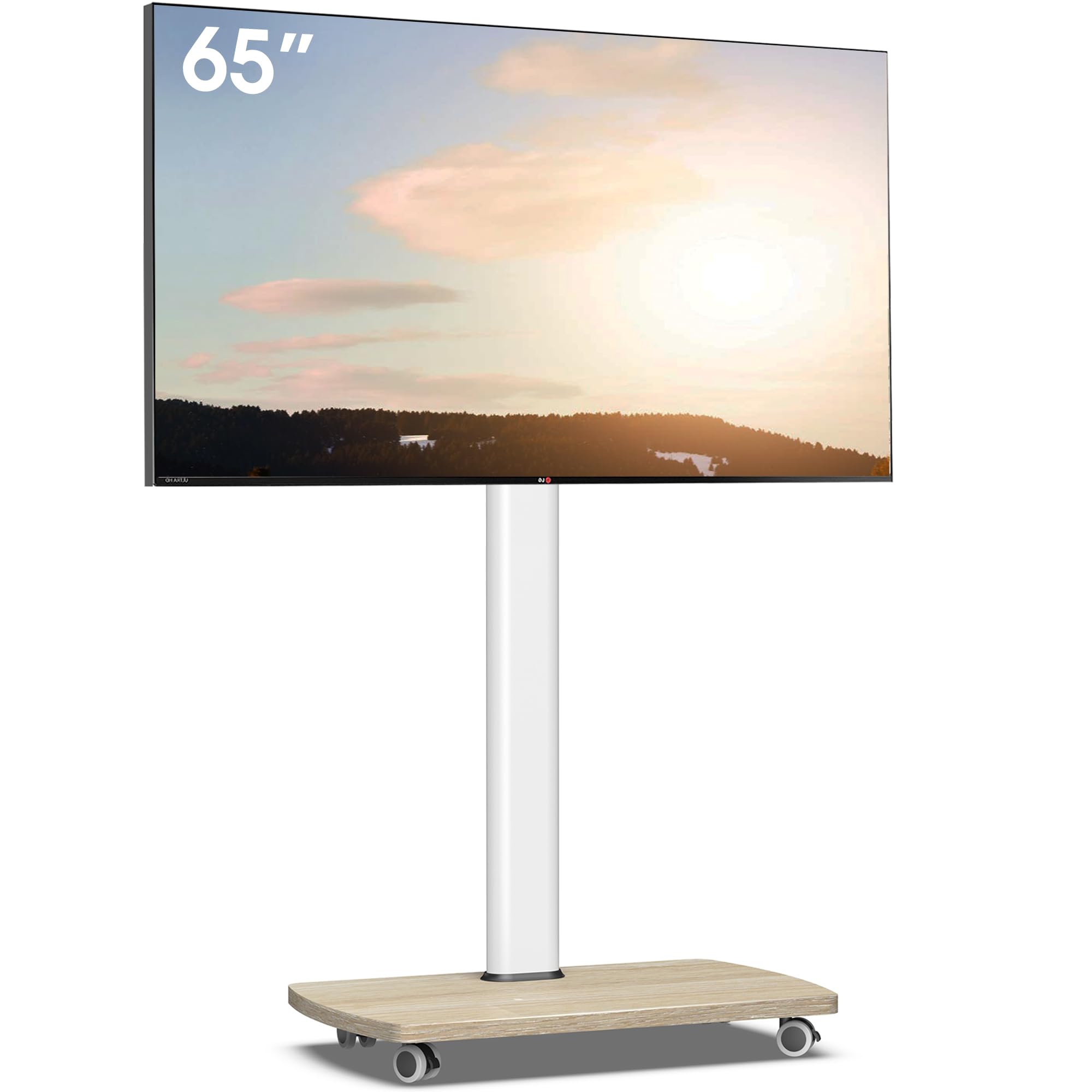 AOKCOS TV Ständer Rollbar mit Holzablage, Fernsehständer auf Rollen für 32-65 Zoll, Höhenverstellbar Schwenkbar, bis 40 kg, VESA 400x400mm (Weiß+Natur)