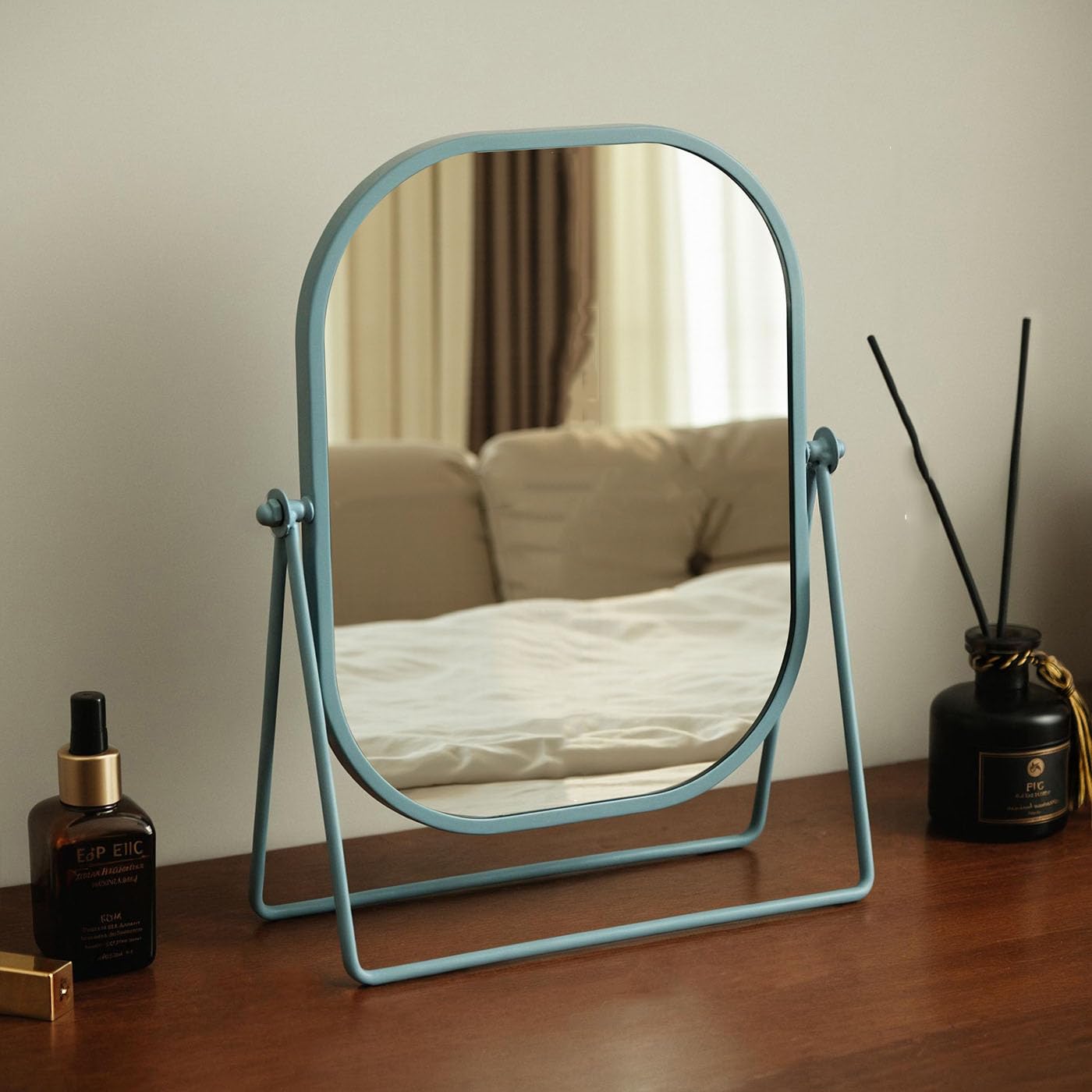 Hosoncovy Rotatable Desktop Mirror with Stand Metal Frame Free Standing Vanity Makeup Tabletop Mirror for Bathroom Bedroom (Blue)