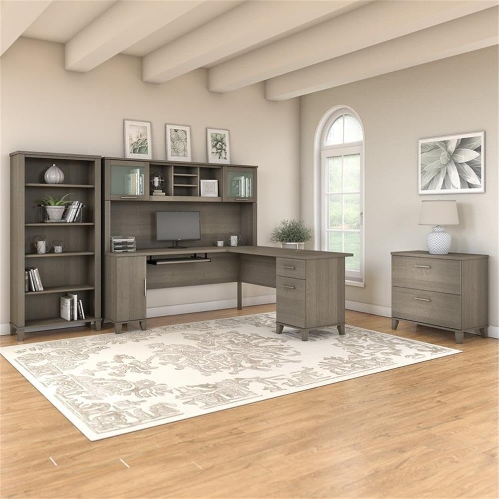 Scranton & Co Somerset 72W L Desk with Hutch, Storage in Ash Gray, Includes Lateral File Cabinet & 5 Shelf Bookcase, Frosted Glass Doors, Wire Management, Home Office Furniture Set