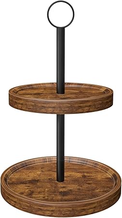 Tiered Tray Stand, Rustic Wooden Two Tier Decorative Tray with Metal Handle, Farmhouse 2 Tier Serving Tray, Round Cake Cupcake Stand for Coffee Bar Home Party Christmas Tiered Tray Decor(1-Pack)