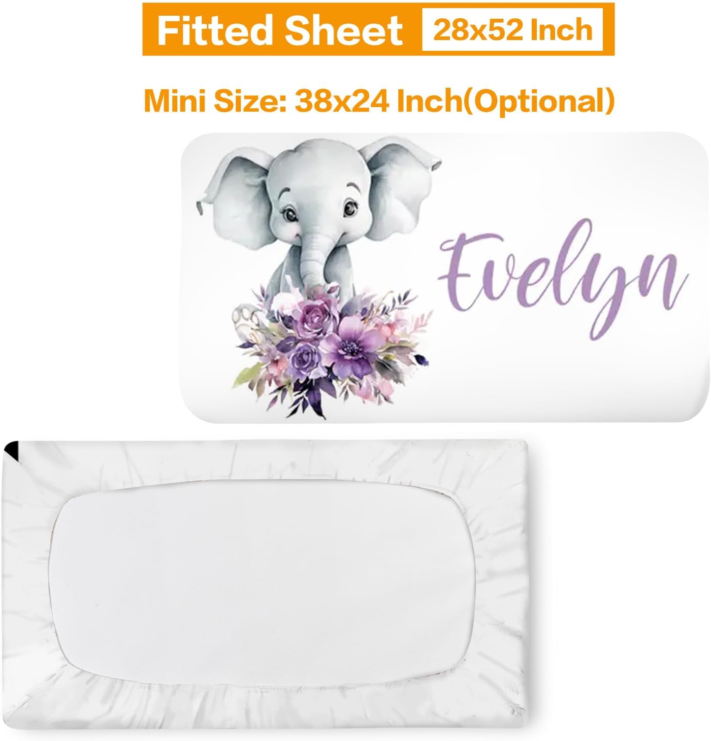 Custom Baby Crib Bedding Set, 4 Pcs Personalized Elephant Design Bedding Set with Name, Soft Blanket Fitted Sheet Pad Cover Rug for Girls Boys New Parents Baby Shower Toddlers Gifts Nursery Decor