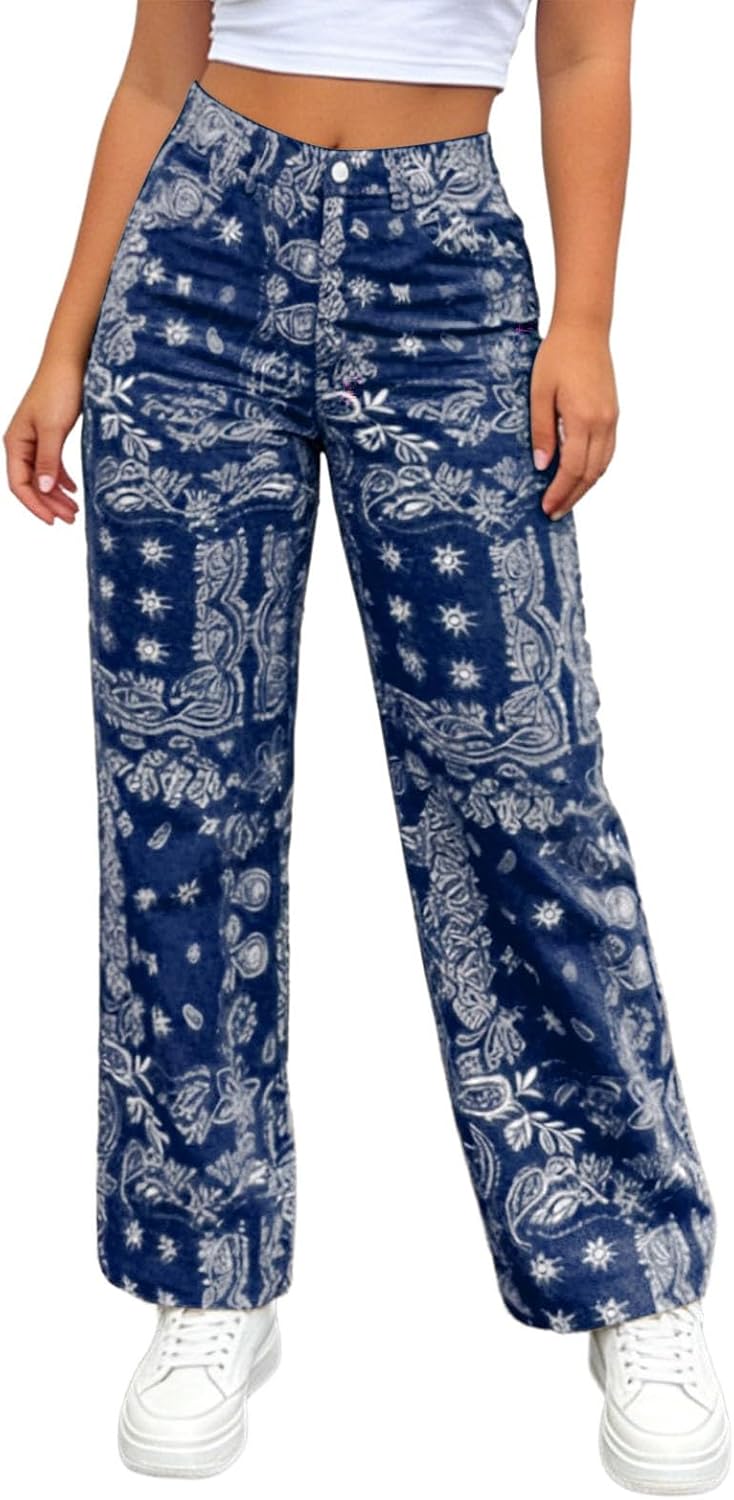 Generisch Womens High Waist Cashew Floral Bohemian Wide Leg High Waist Jeans