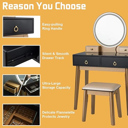 Miniatura 4 de CHARMAID Vanity Desk with Lighted Mirror, Black Makeup Vanity Table with 4 Storage Drawers, 3 Lighting Modes, Solid Wood Legs, Modern Dressing Table