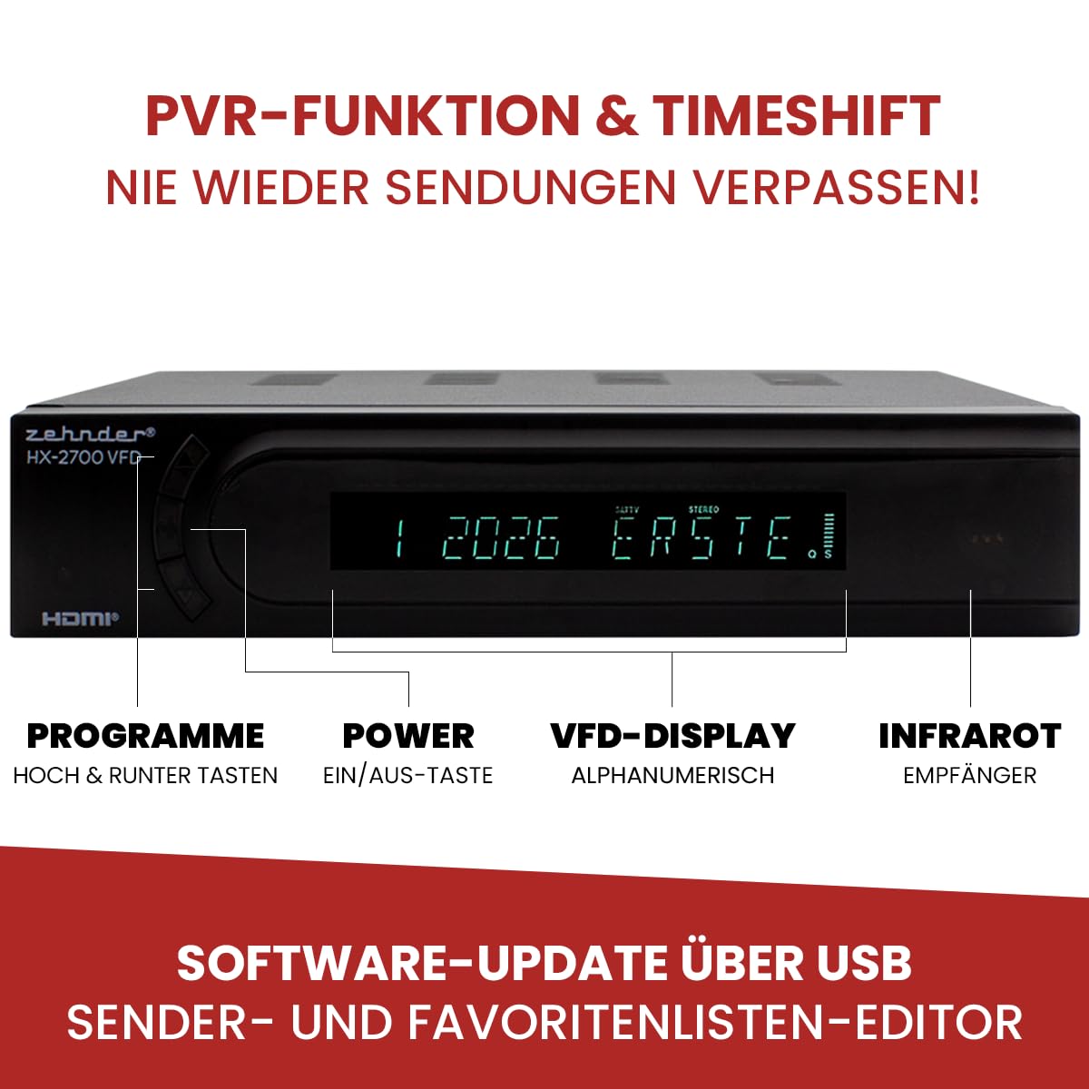 [ Test SEHR GUT, Note 1.1 *] Zehnder HD 2700 VFD HYBRID DVBC Kabel-Receiver & DVBT2 Receiver mit Aufnahmefunktion, DVB-C Reciver & Reciever für DVB-T, DVBT & DVB-T2, Kabelreceiver & DVB T Receiver