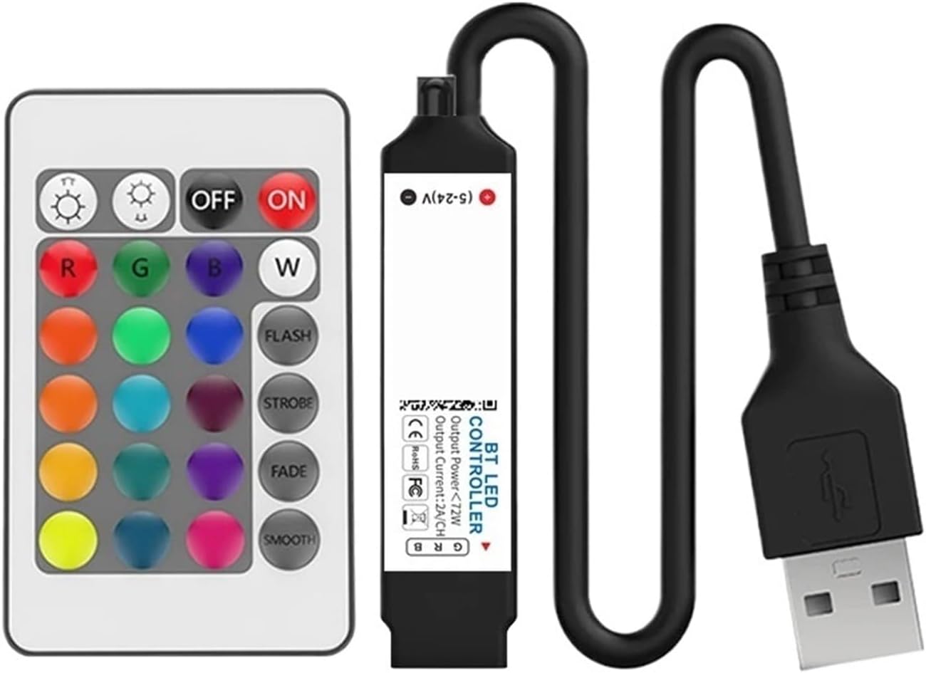 RGB LED strip controller with 24-key remote dimmer, brightness control, suitable for 5050 strips(24 keys USB5V)