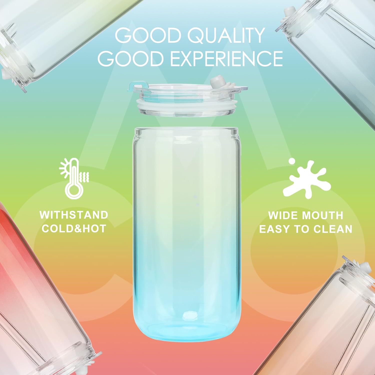 COMI 6pcs Glass Cups with Lids And Straws, Glass Tumbler for Iced Coffee, Drinking Glasses with Two Cleaning Brush,Glass Drinking Set - Image 2