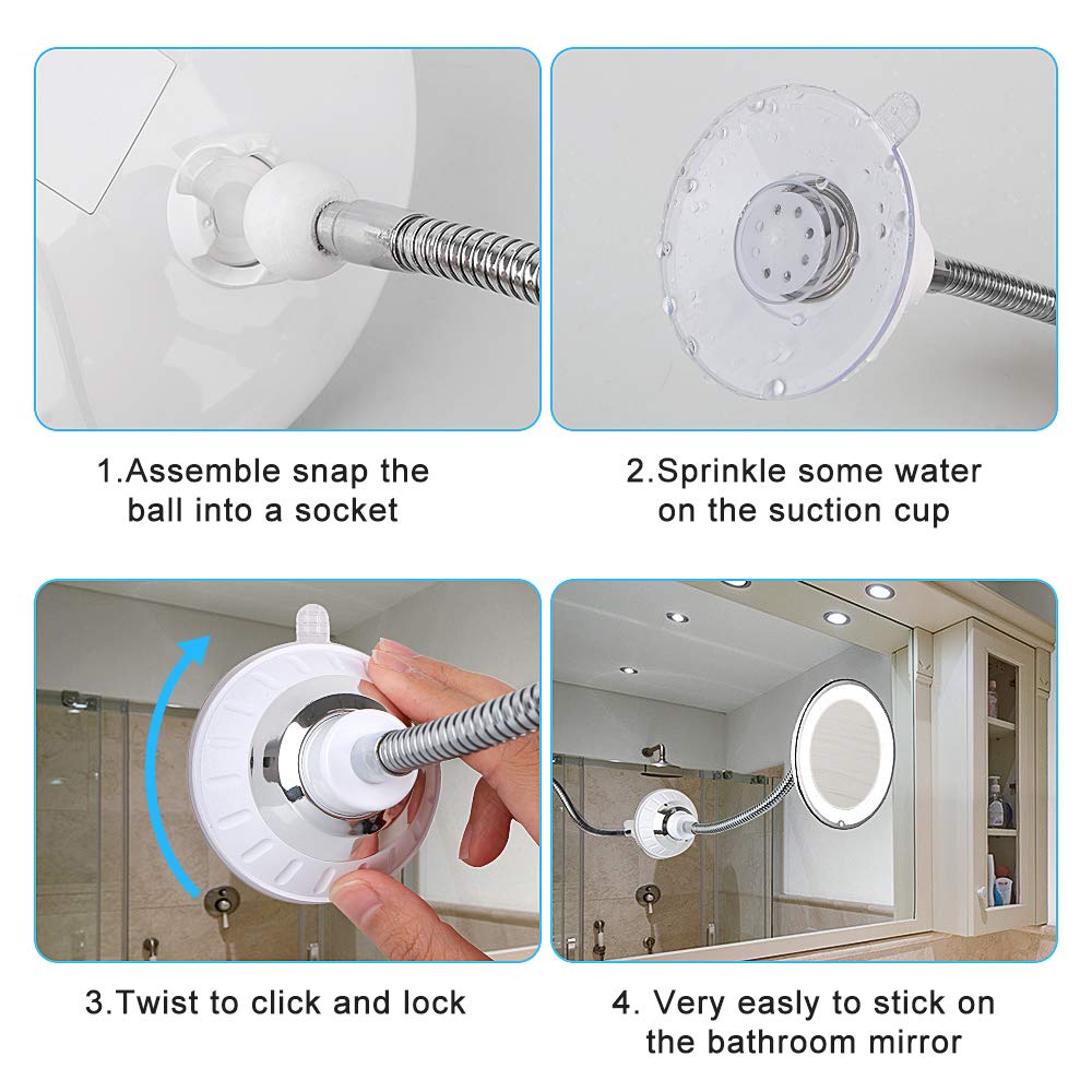 10X Magnifying Makeup Mirror, Adjustable Flexible Gooseneck LED Mirror & Locking Suction Cosmetic Mirror, Magnification Mirrors, 360° Swivel Wall Mirror, Vanity Mirror for Bedroom Bathroom