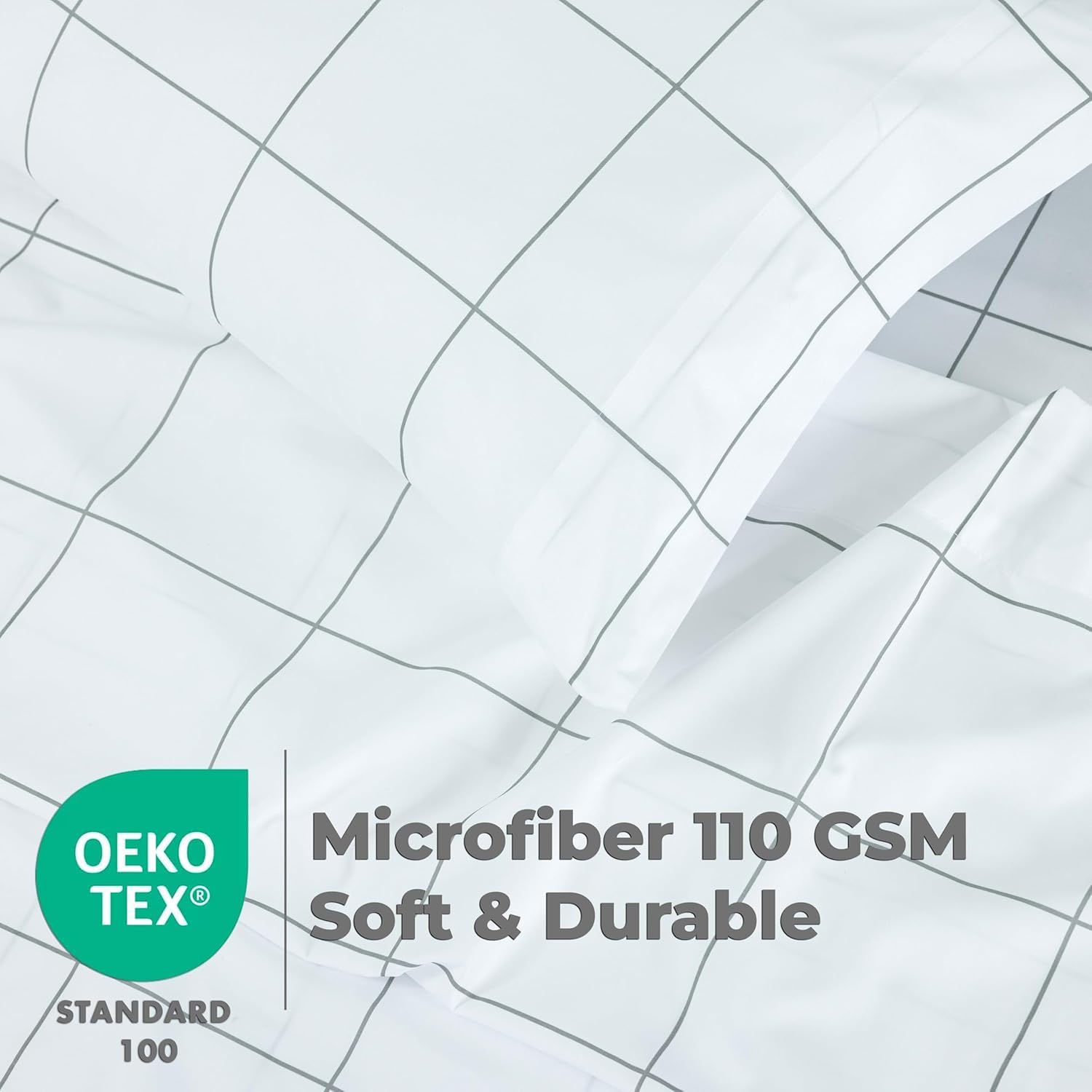 Dreamology Queen Sheet Set - 4 Pieces Microfiber Sheet, Printed Sheet Set with Solid Cuffed Detail, Includes 1 Flat Sheet, 1 Deep Pocket Fitted Sheet and 2 Pillowcases, Queen Sheets – Squares - Image 3