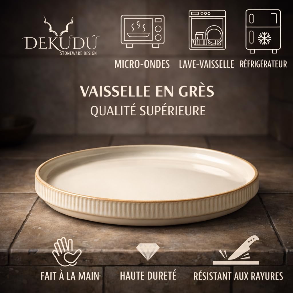Assiettes plates Assiettes Service de Table Céramique en Grès de Qualité - Fait à la main - 6 pièces ∅ 26 cm-Résistant-va au lave-vaisselle micro-ondes - Vaisselle et arts de la table-beige