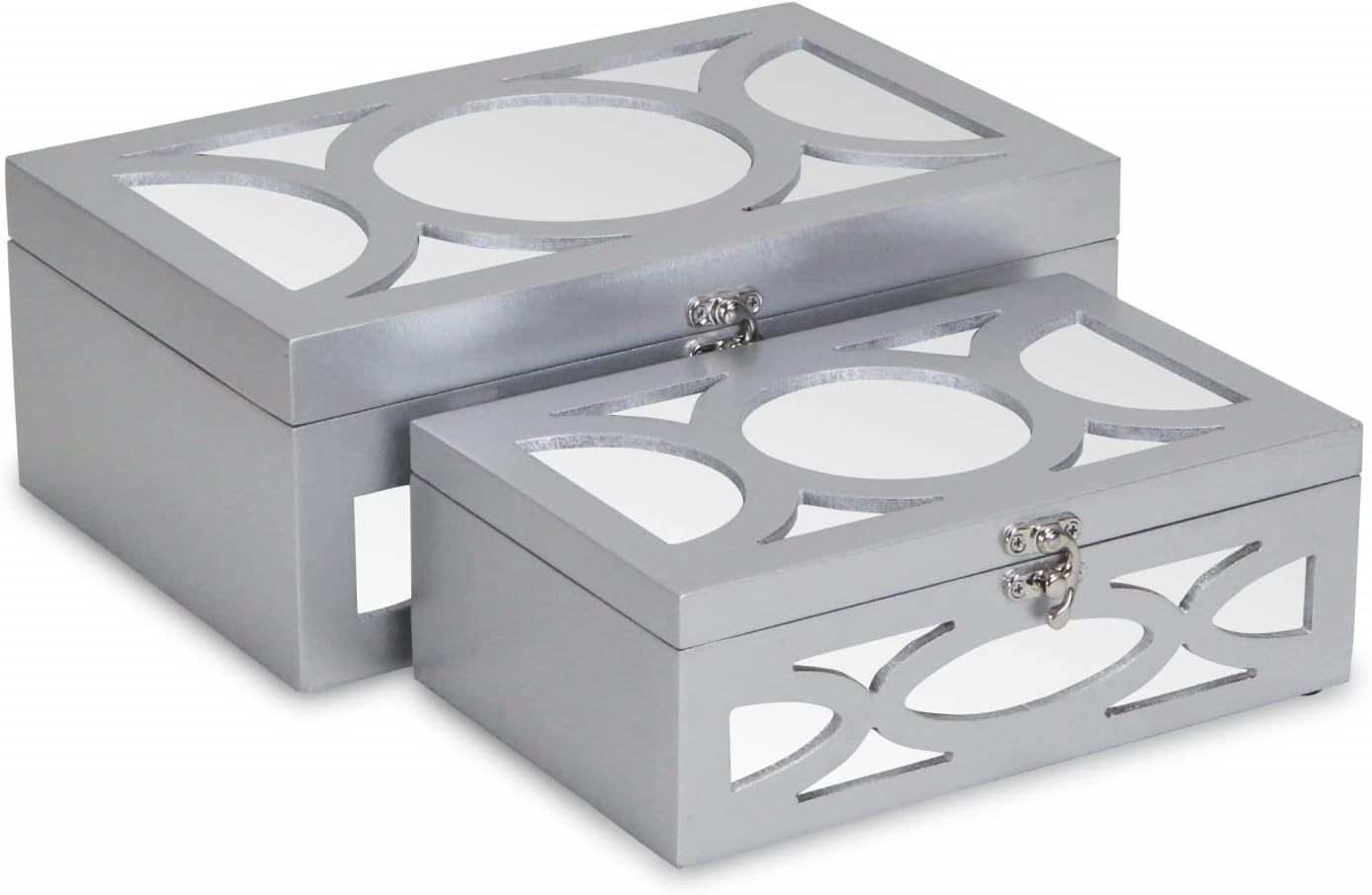 HomeRoots Set of Two Silver Mirrored Glass And Wood Box With Lid