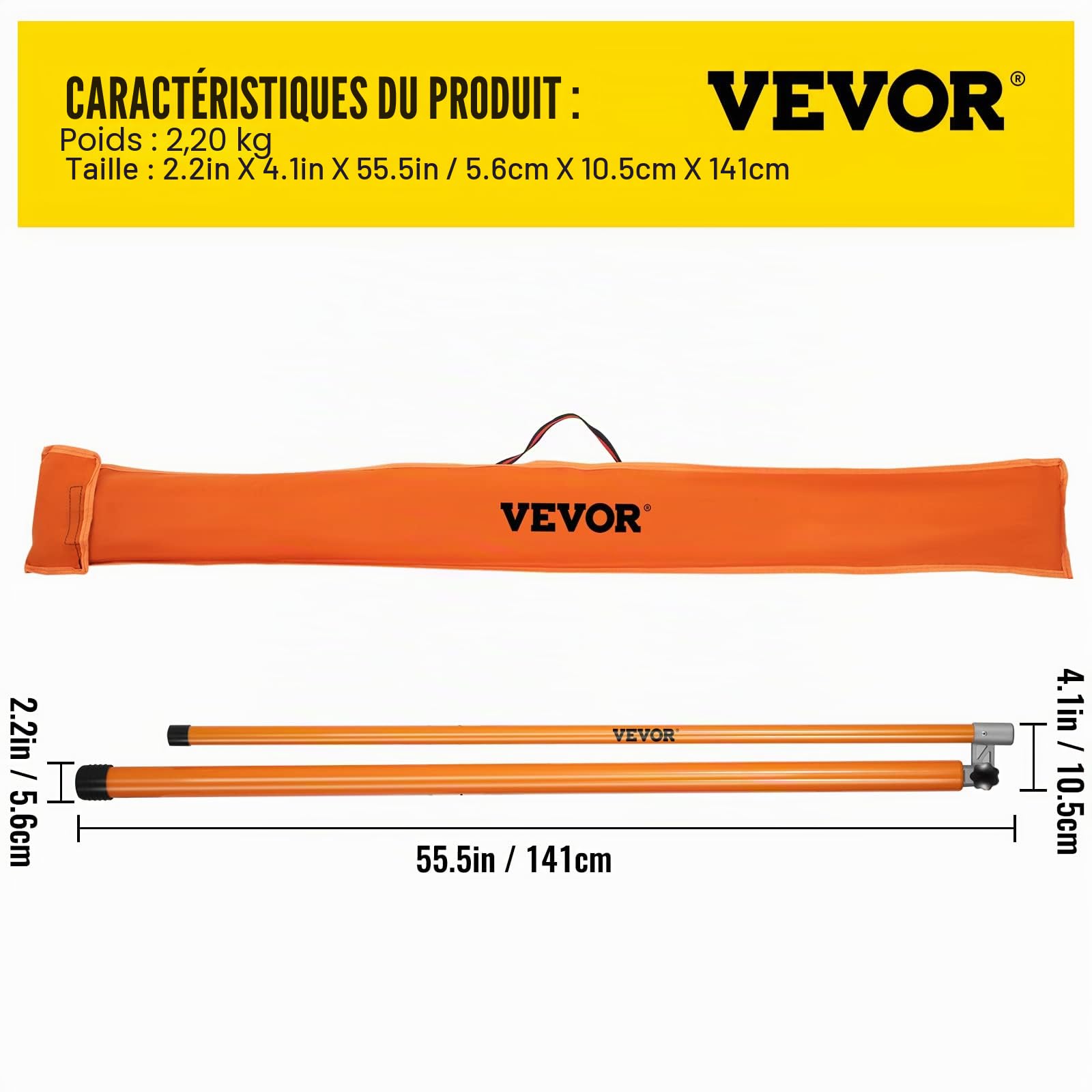 VEVOR Canne Télescopique Mesure Hauteur, Bâton de Mesure de la Hauteur de Charge Plage 149-610 cm, en Fibre de Verre avec Poteau Réglable, Non Conducteur avec Sac de Transport, pour Transport Camion