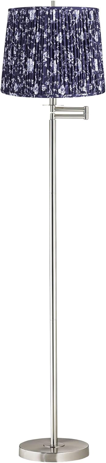 360 Lighting Druckman Modern 60 1/2" Tall Standing Floor Lamp Skinny Swing Arm Pole Adjustable Silver Metal Brushed Nickel Finish Living Room Bedroom House Reading Office Deep Blue Pleated Shade