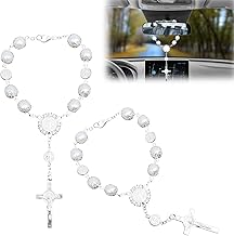 2 Pieces Hanging Accessories, Car Rosary for Rearview Mirror, Rearview Mirror Auto Rosary Hanging Personalized Car Cross Blessing Catholic Medal, White