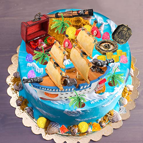 32 Pcs Pirate Ship Cake Topper Nautical Sailboat Model Decoration Set Gold Coins And Pirate Gems Kids Telescope Pirate Treasure Chest Compass Mini Palm Tree For Kids Pirate Birthday Party Supplies #TOP1