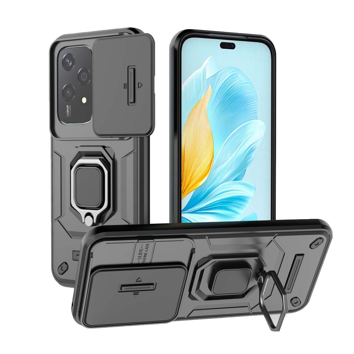 Case for Honor 200 Lite, Soft Silicone & Hard PC Armor Cover with 360° Rotating Metal Ring & Slide Cover for Lens Protection (Black)
