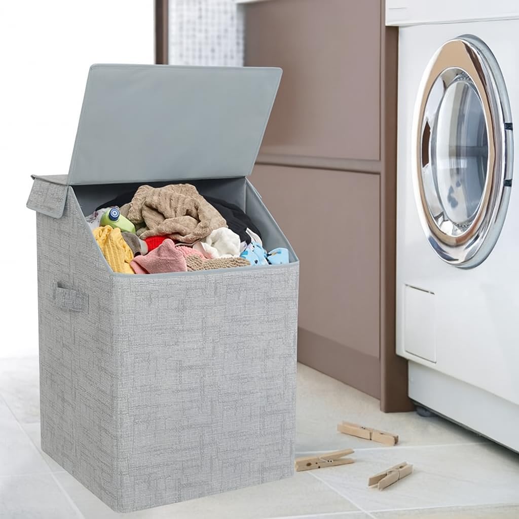 ZOVIRA Foldable Laundry Hamper, Grey and Black, Premium Fabric, 75L Capacity, Collapsible Storage Basket with Lid (Grey)-image-36