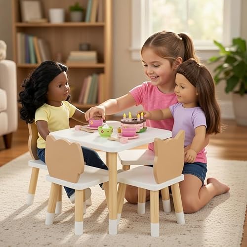 Miniatura 3 de Emily Rose Juego de mesa de cocina y 4 sillas de animales para muñecas de 18 pulgadas, tema de conejo, oso, cachorro, gatito, fácil montaje, juego