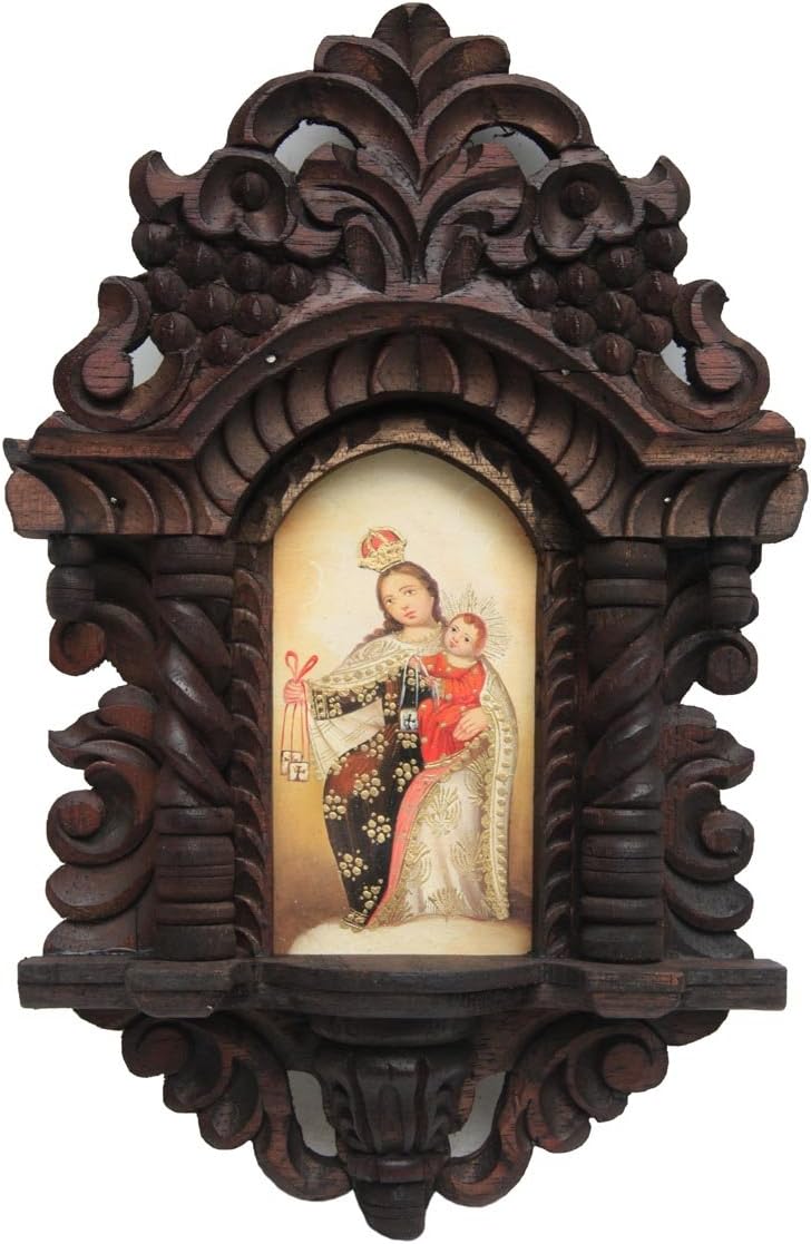 Our Lady Of Mount Carmel Colonial Cuzco Peru Retablo Folk Art Framed Oil Painting on Canvas Hand Carved Altarpiece