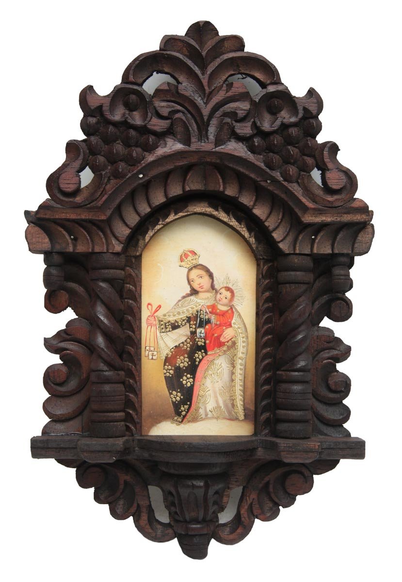 Our Lady Of Mount Carmel Colonial Cuzco Peru Retablo Folk Art Framed Oil Painting on Canvas Hand Carved Altarpiece