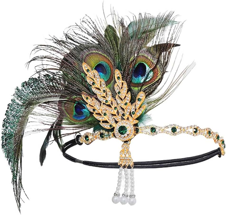 Serre-tête à Plumes Des Années 20 Gatsby Pour Femme - Vert Avec Strass Et Perles - Taille Unique - Pour Soirées Et Thèmes Vintage