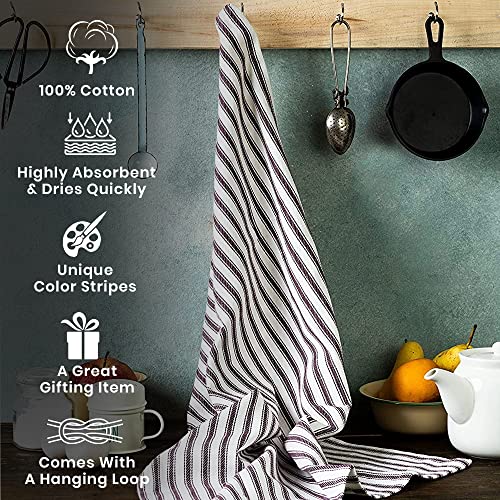 Candy Cottons Set Of 6 Kitchen Dish Towels, 100% Cotton Kitchen Towels, With Hanging Loop, Dishcloth Sets For Washing & Drying Dishes, Tea Towels & Hand Towels 18X28, French Stripe, Purple #TOP1