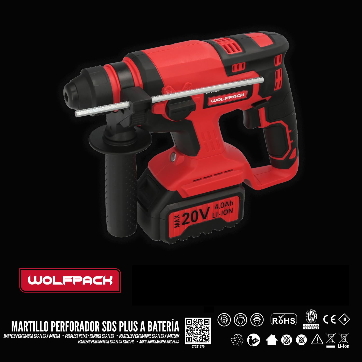 WOLFPACK LINEA PROFESIONAL Młot SDS PLUS do akumulatora 20 Volt. Z akumulatorem 4,0 Ah. 1400 obr./min. 3 funkcje dłutowania, wiercenia i wiercenia młotkiem