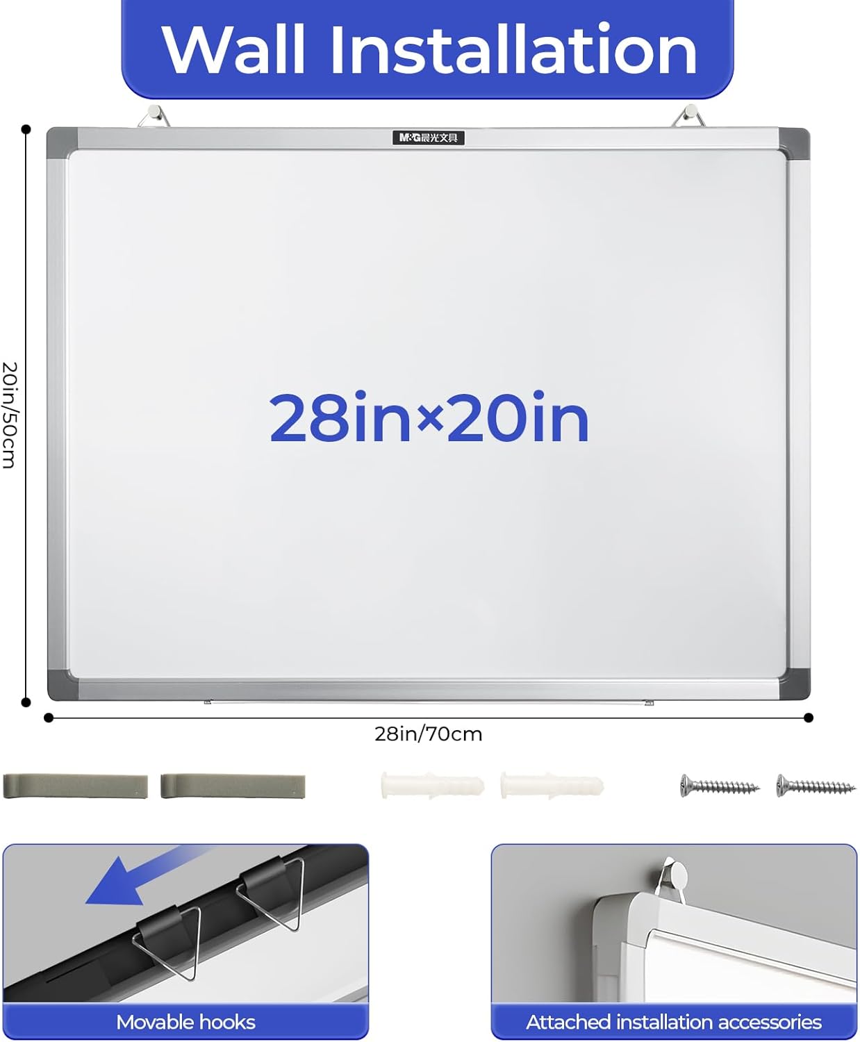 M&G Dry Erase Board Magnetic White Board for Wall, 28” x 20” Whiteboard with 2 Markers & 2 Magnets & 1 Eraser, Hanging Whiteboard with Silver Frame for Planning, Drawing, to Do List, Office Use