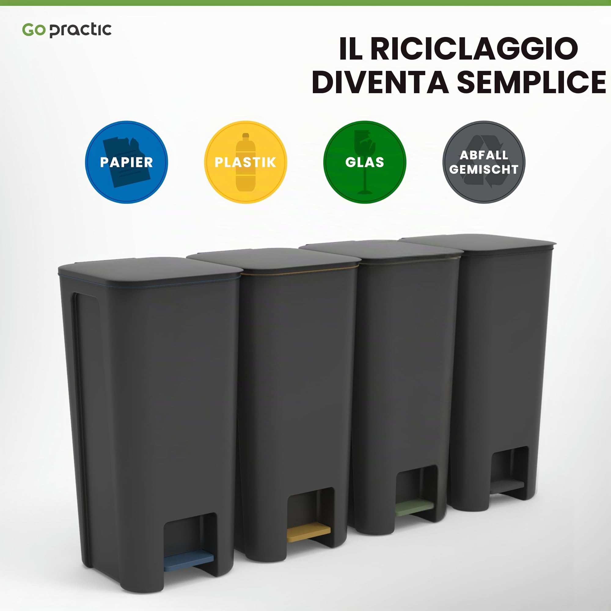 Pattumiera Differenziata Con Pedale Coperchio 4 Scomparti 40 l Pattumiera Cucina Bagno Ufficio In Plastica Nero Grafite