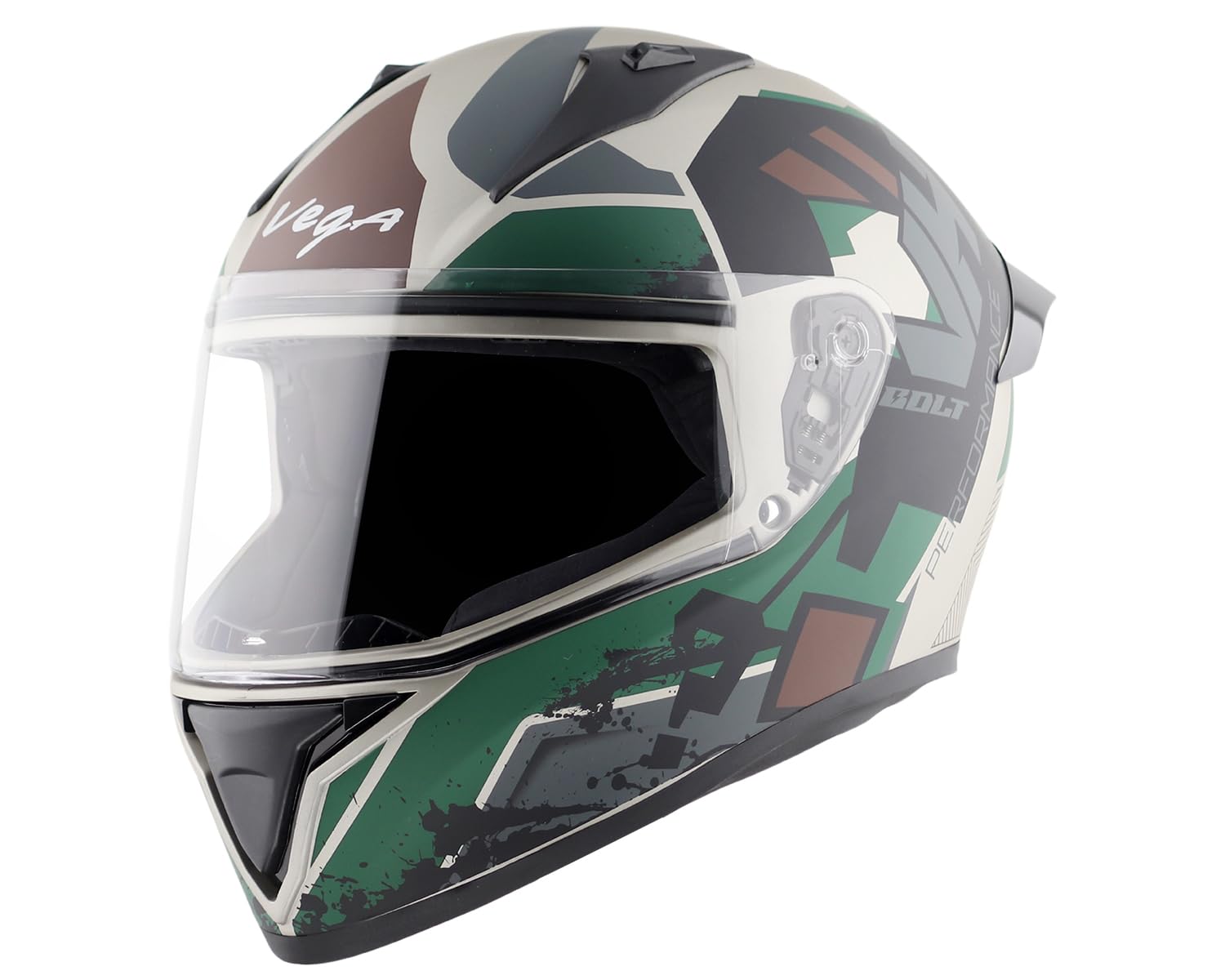 Vega Bolt Army Full Face Motorcycle Helmet with Matte Shell, Shock Absorbing Liner, Comfortable Interior, Ventilated Fit, Lightweight Build, and Trendy Dull Mud Battle Green Finish Dull Mud Battle Green-L