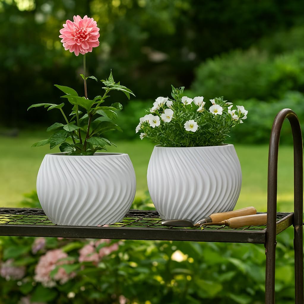 Flower Pots and Planters for Home Decor – Modern Swirl Plant Pots for Indoor and Outdoor Succulents, Orchids, or Herbs – Decorative Pots for Plants Ideal for Garden and Patio Set of 2 – 8", 6" White