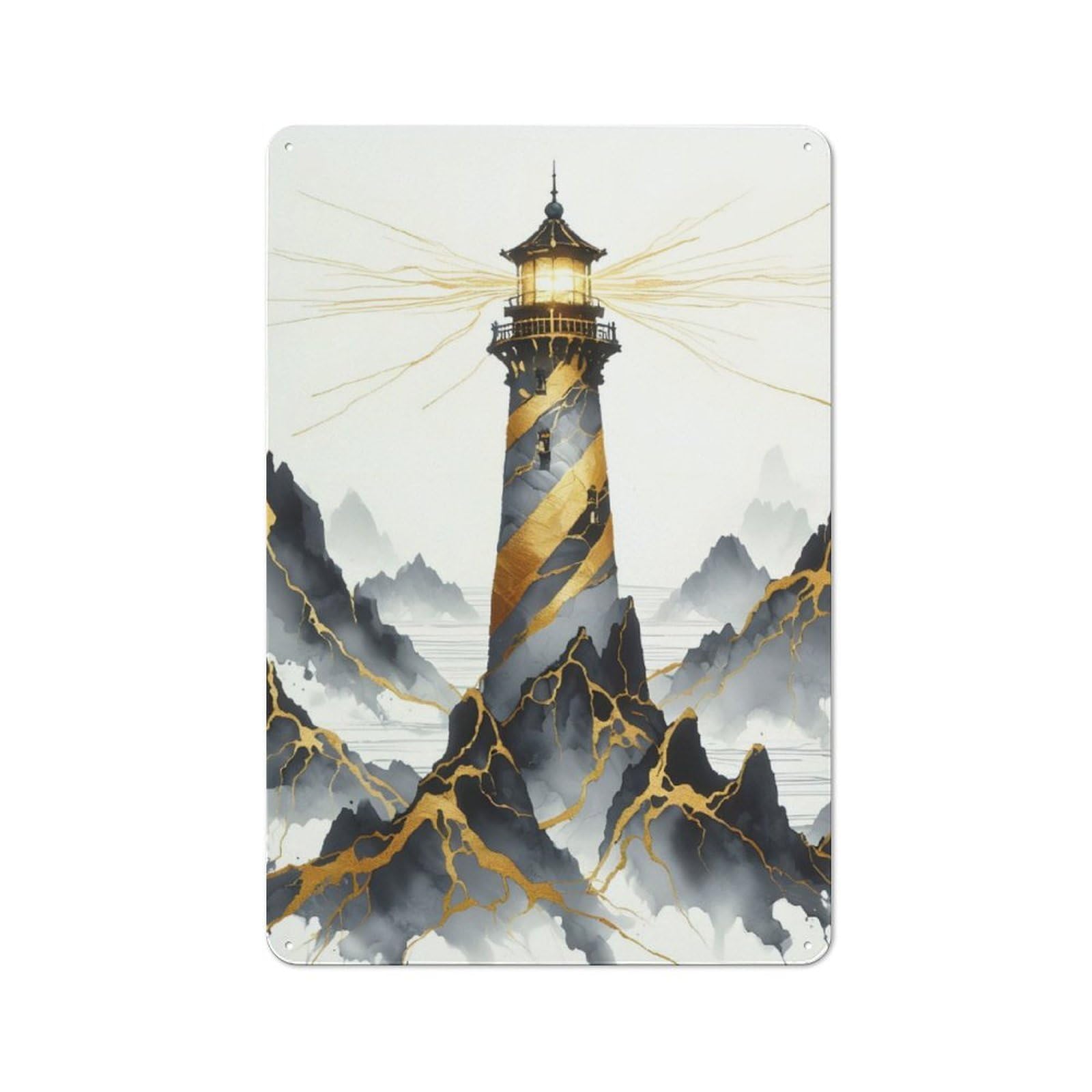 Junmoney Ink Lighthouse Tin Wall Plaque 30X20cm With For Living Room Or Hallway, For Garage, Workshop And Man Cave Decoration