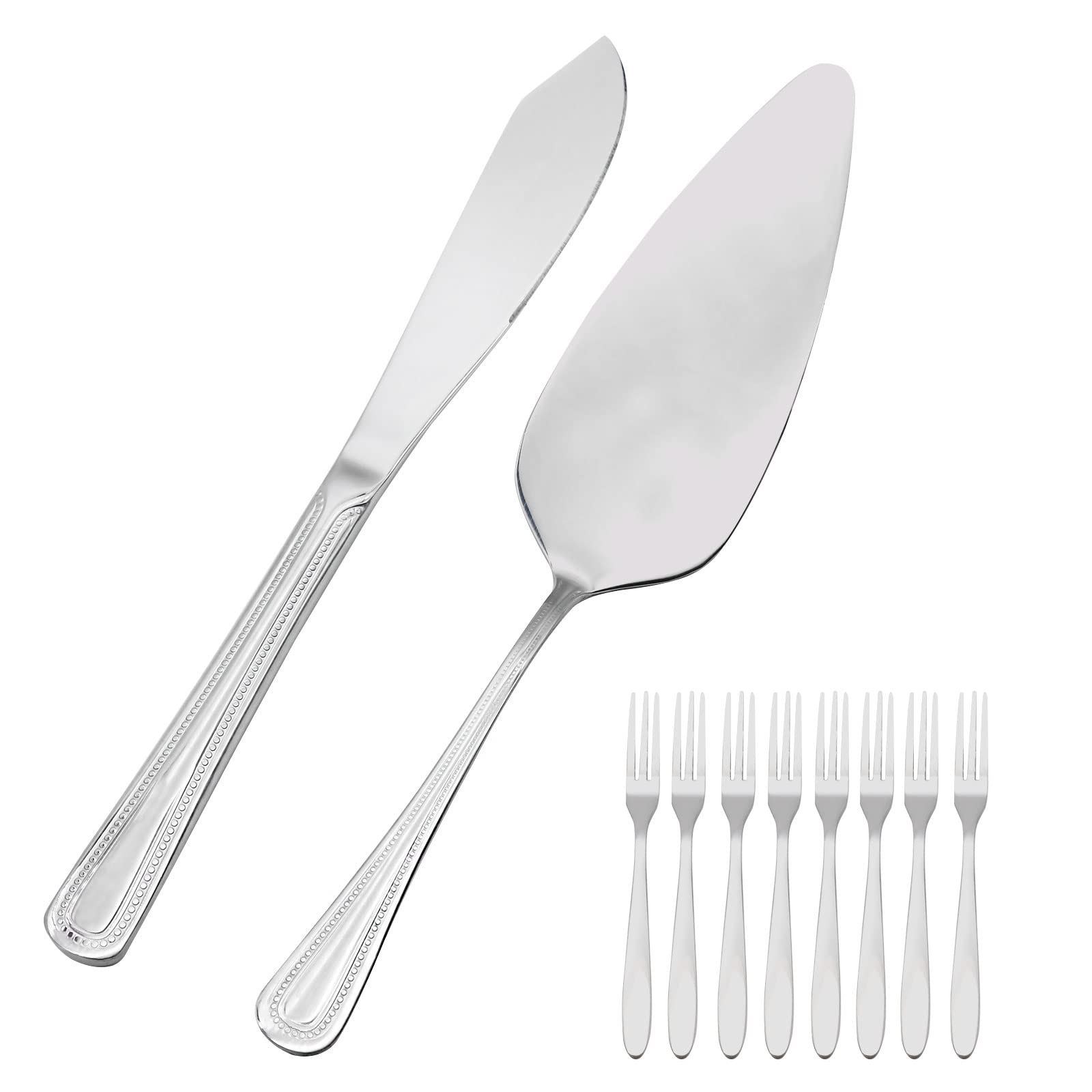 Silver Cake Cutting Set (2 Pieces), Cake Fork (8 Pieces),Stainless Steel Wedding Cake Knife and Server Set Pie Server Gifts for Anniversary Birthday Bridal Shower Parties