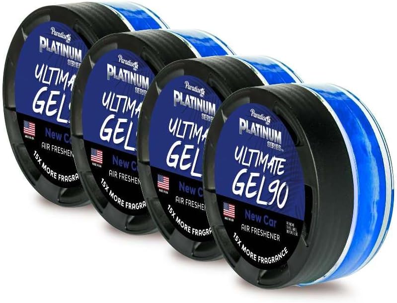 Paradise Air Platinum Series Ultimate Gel 90 Air Freshener for use in Auto, Home, Office, Bathroom. Net Weight 30g, New Car (4 Pack)