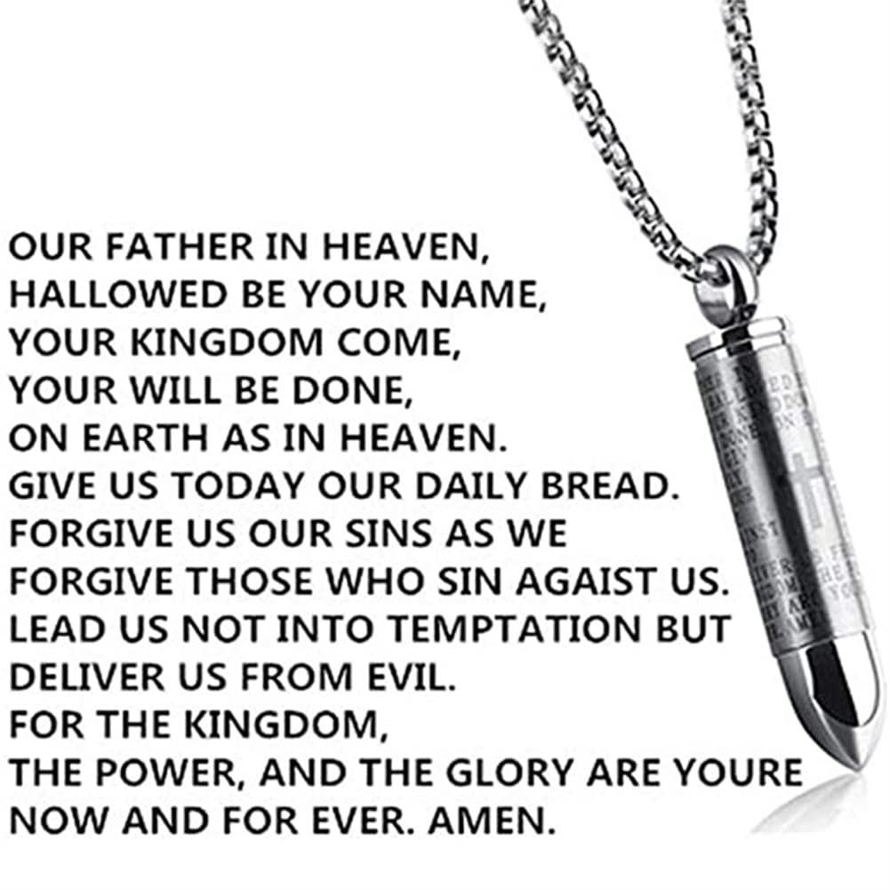 LiFashion Bullet Pendant Urn Ashes Necklace Cremation Urn Pendant Bullet Charm Stainless Steel Cross Lords Prayer in English Cremation Jewelry Ash Memorial Keepsake Gift for Men