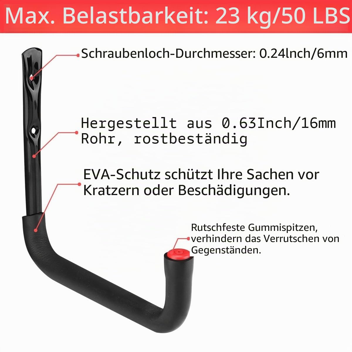 Garagen-Aufbewahrungsleiter-Haken, 6 Stück, robuste Kleiderbügel, 25 cm, Wandhalterung, hält 23 kg (23 cm x 25 cm)