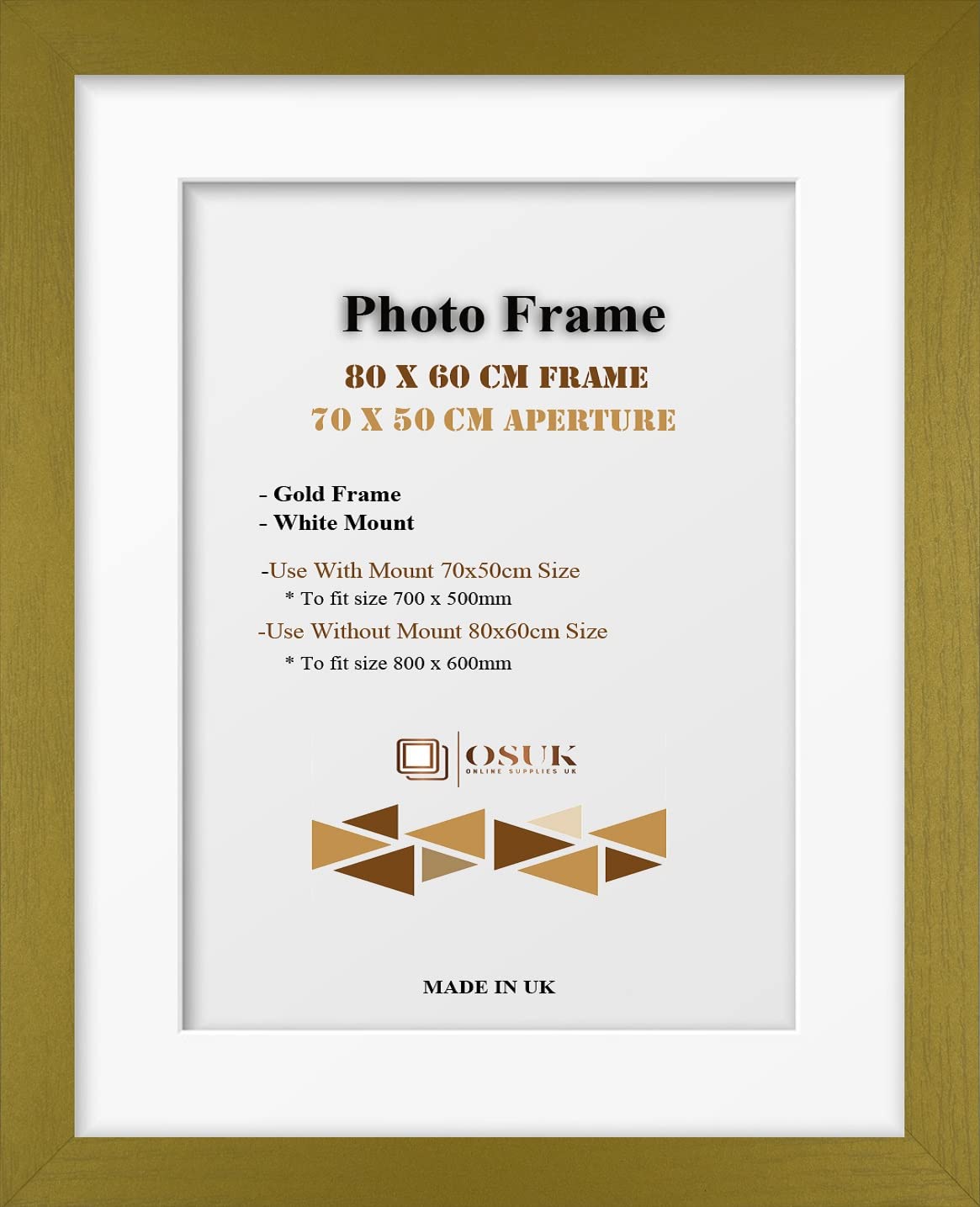 OSUK Gold 80x60 cm Frame With 70x50 cm White Mount - Modern Photo Frames With Clear Perspex Front & Wall Mounting Poster Frame - 80 x 60cm Frames With 70 x 50cm Mounts