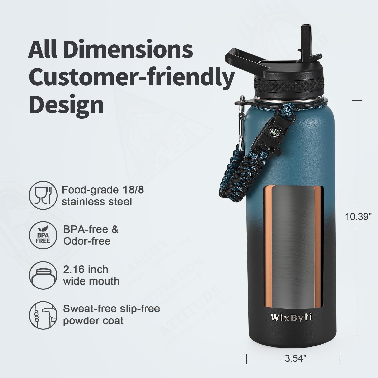 40 oz Insulated Water Bottle with Straw (Cold for 48 Hrs), Stainless Steel Triple Wall Vacuum Sports Water Jug, Leakproof Hydro Cup Flask with Paracord Handle & Straw Spout Lids & DIY Stickers - Image 6