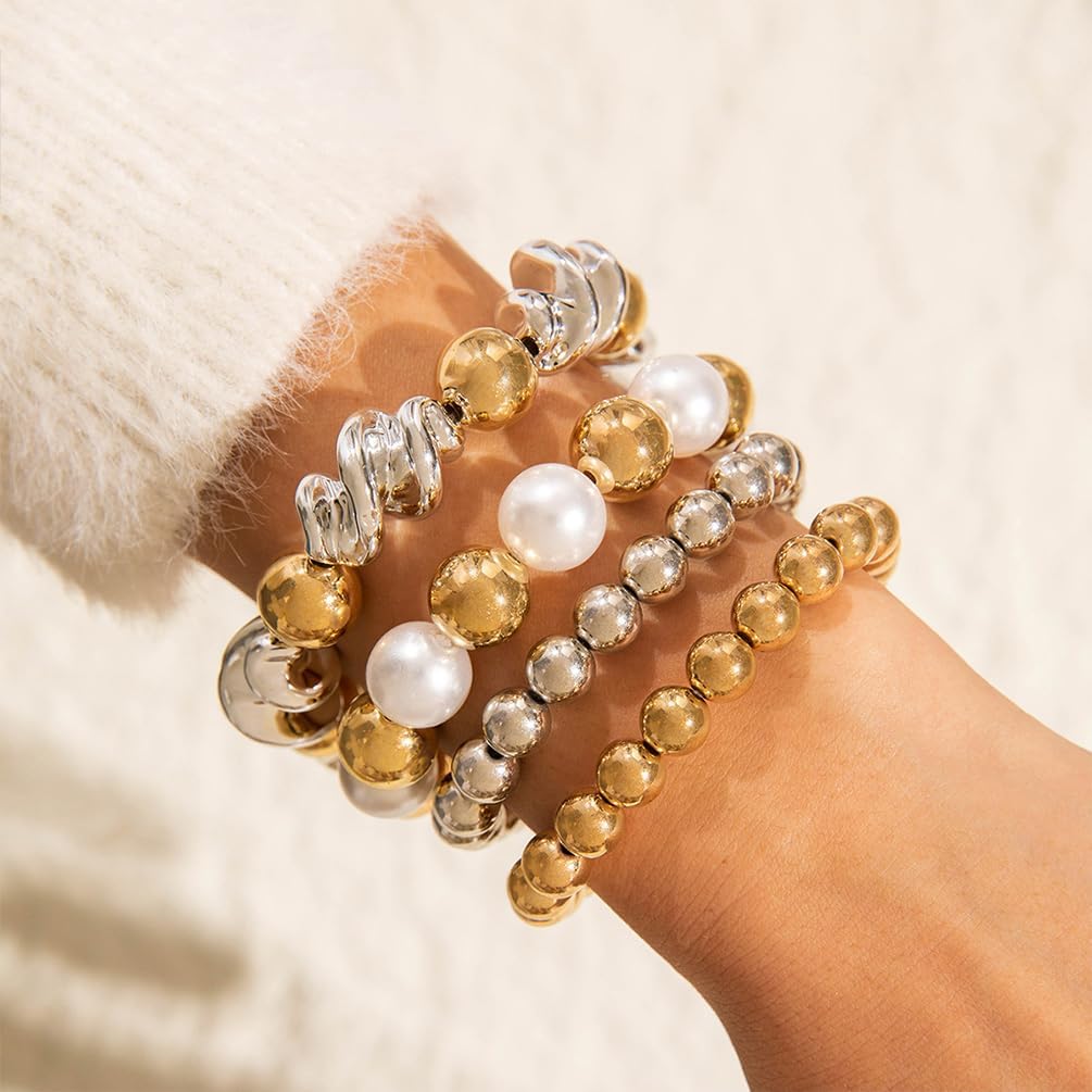 Trendy Big Gold Pearl Beaded Bracelets Stack for Women, Unique 4Pcs Stackable Stretch Chunky Large Silver Beads Twisty Bracelet Set Party Jewelry Gift - Image 3