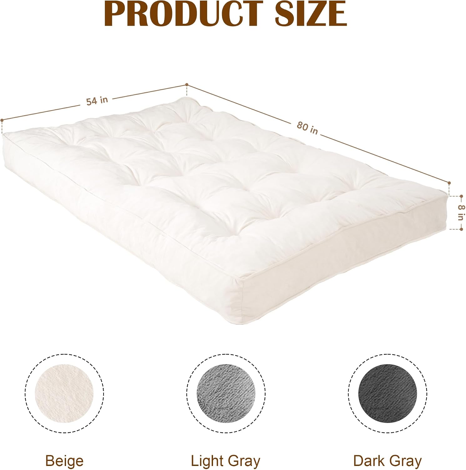 8" Futon Mattress Full Size, Floor Mattress for Adults, Foldable Sofa Couch Bed with Shredded Foam Filling, Comfy Sleeping Mat for Guest, Camping, Dorm, White(Frame Not Included), 54" x 80"