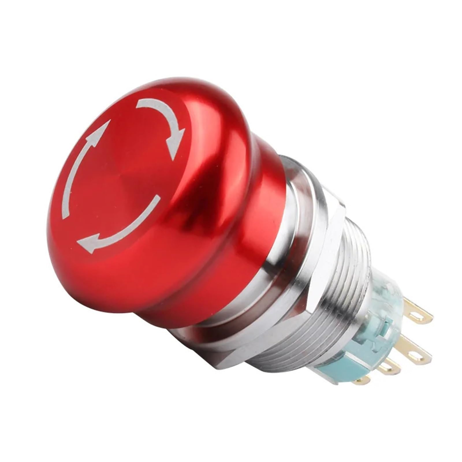 IDGTTLDF Emergency Stop Switch 16mm Red Mushroom Head with Arrow Emergency Stop Metal Push Button Switch Self-Locking/Latching Waterproof Dustproof(No Stop,3Pin NONC)
