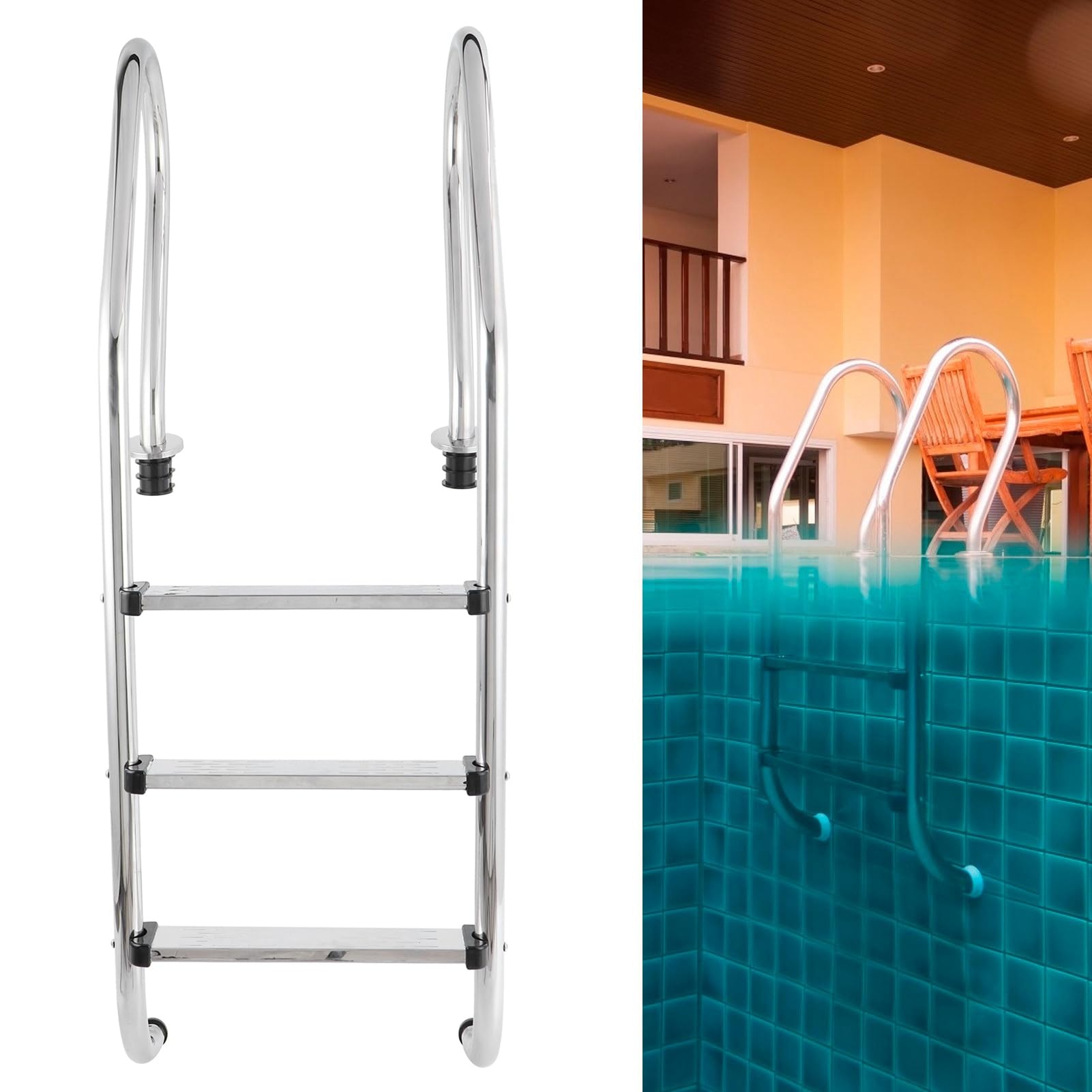 Scaletta per piscina, in acciaio inox, resistente, con pedale antiscivolo, adatta per piscine interrate e fuori terra